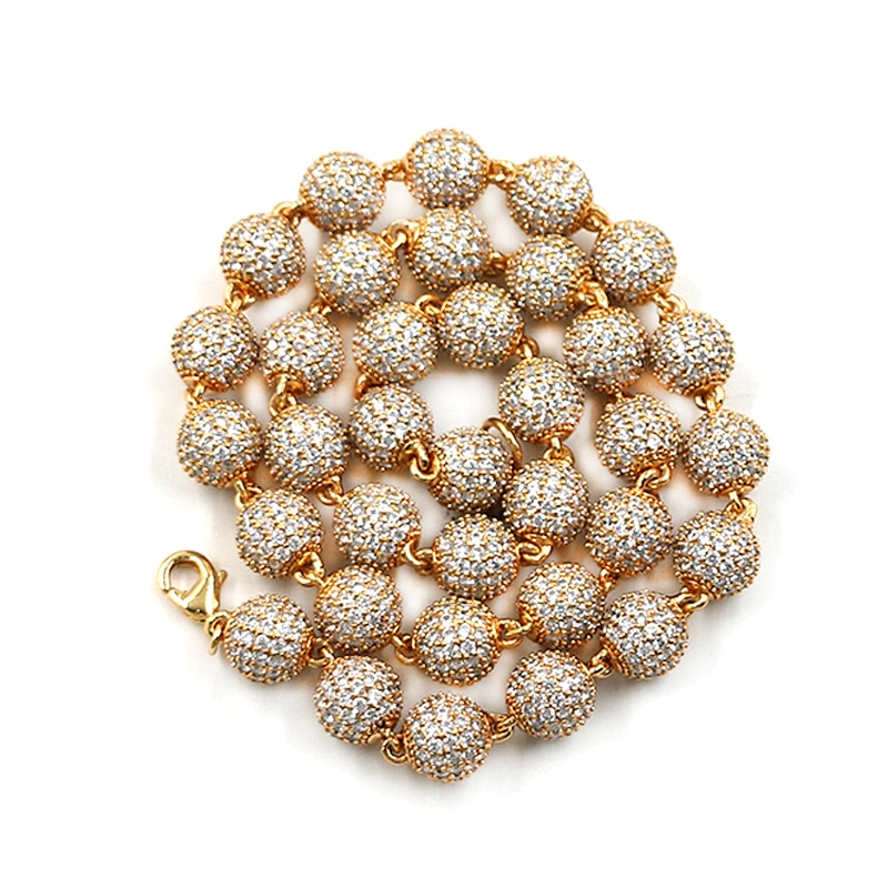 Hip-Hop Style High-Quality CZ Brass 10mm Real Gold Plated Bead Necklace