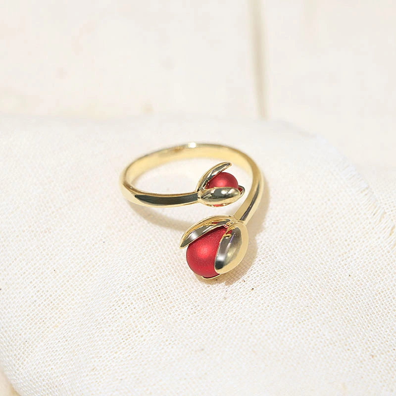 Fashion style brass gold plated flower red bud open ring women jewelry