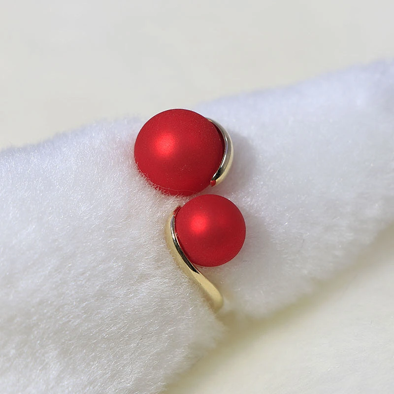 Luxury style Double red pearl gold plated brass women open ring jewelry adjustable size