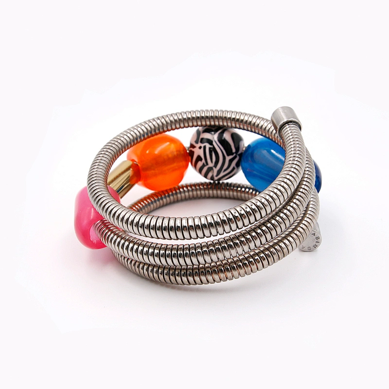 Trendy multi layer colorful resin stones silver snake spring chain bracelet