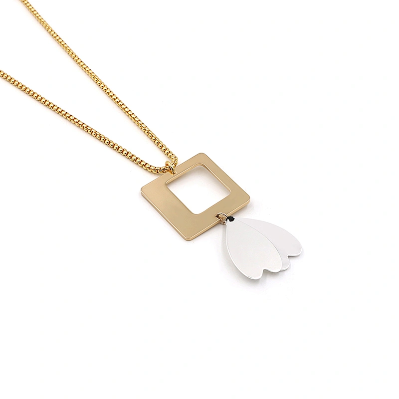 Hollow-Out Gold Plated Square White Petal Brass Necklace