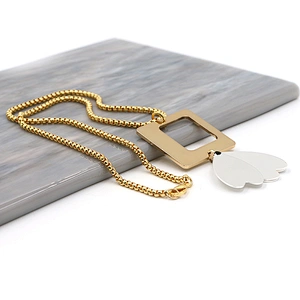 Hollow-Out Gold Plated Square White Petal Brass Necklace