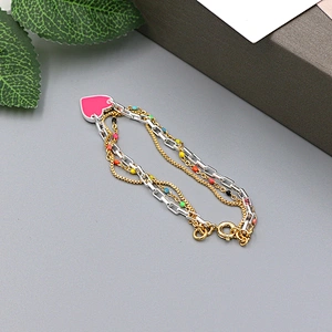 Fashion pink heart enamel pendant multi chain bracelet
