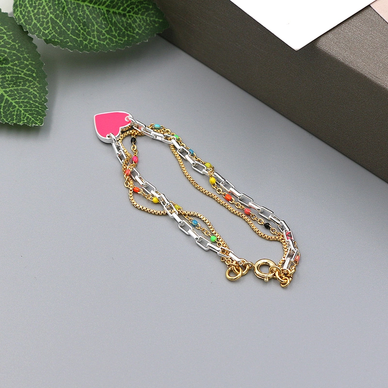 Fashion pink heart enamel pendant multi chain bracelet
