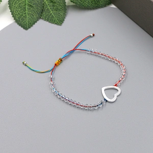 Adjustable size silver plated heart brass pendant clear beaded two-tone rope bracelet