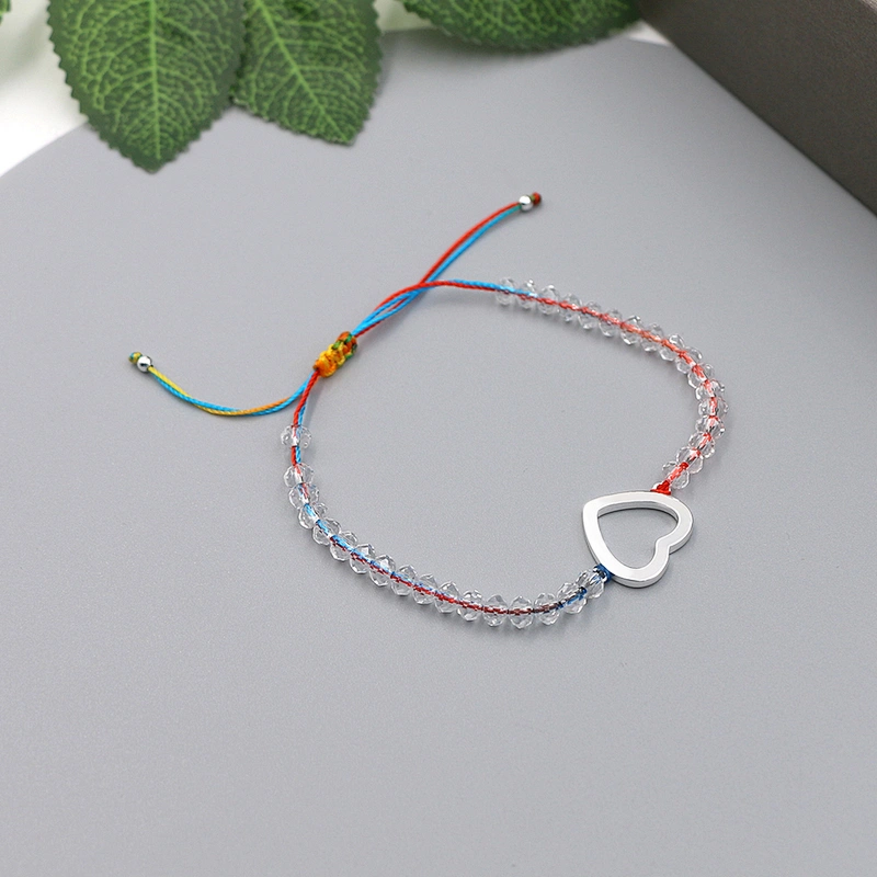 Adjustable size silver plated heart brass pendant clear beaded two-tone rope bracelet