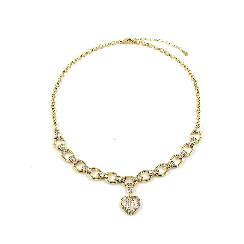 HipHop Style Gold Plated CZ Heart Brass Cuban Necklace