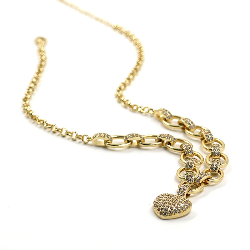 HipHop Style Gold Plated CZ Heart Brass Cuban Necklace
