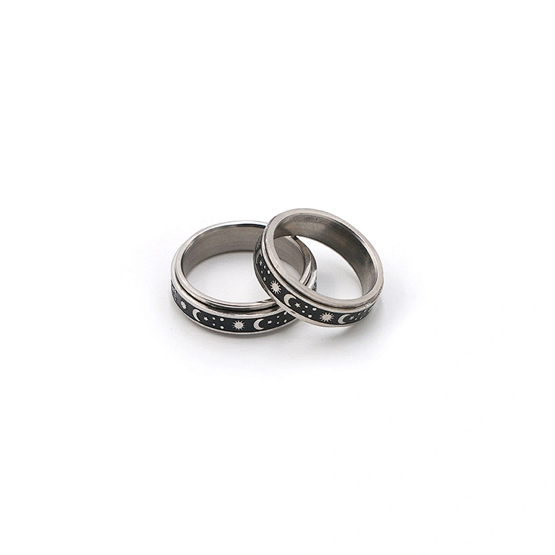 Fashion jewelry sun moon star silver plated black enamel stainless steel men anxiety ring
