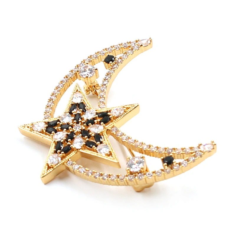 Custom Moon Star Gold Plated Brooch With CZ stones in Brass