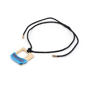 Hollow-Out Recangle Blue Ripple Black Cord Necklace