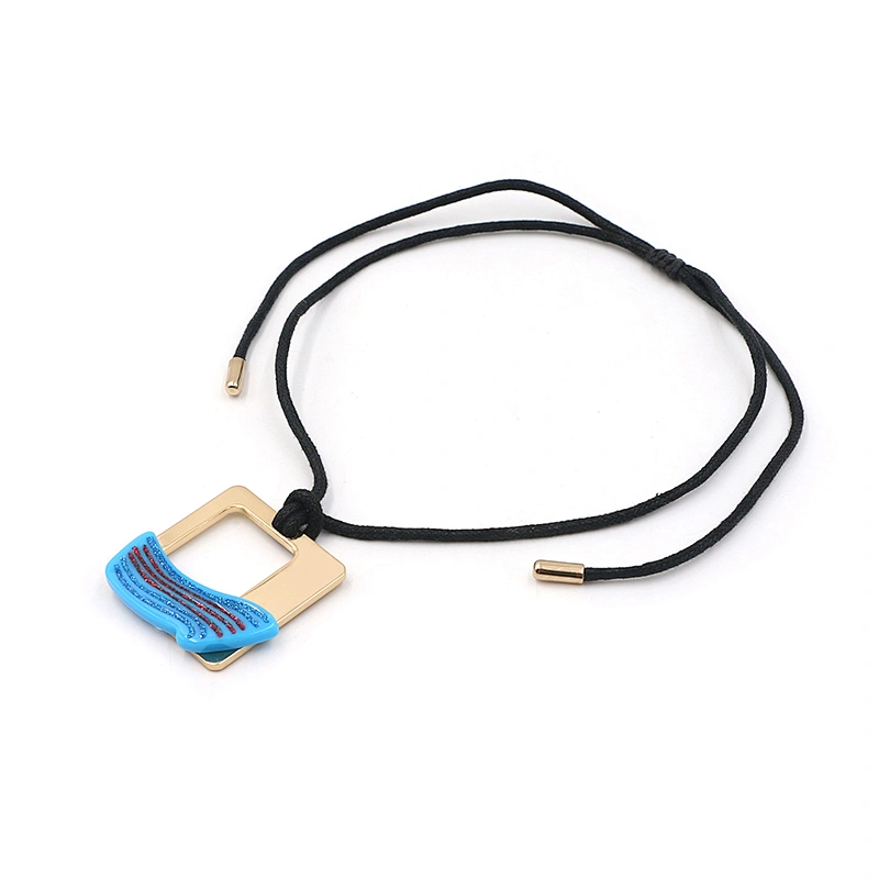 Hollow-Out Recangle Blue Ripple Black Cord Necklace