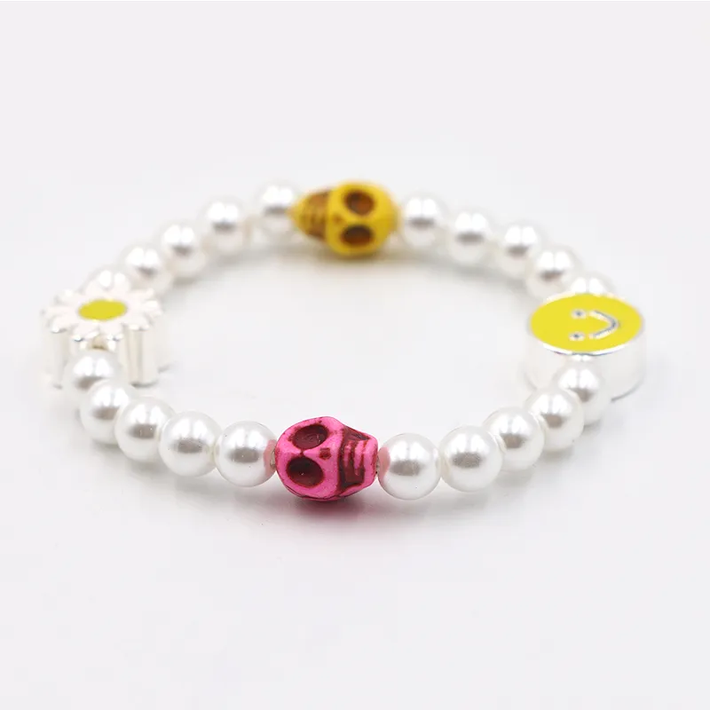 Fashion pearl enamel smile face flower skull cute charm bracelet for girl