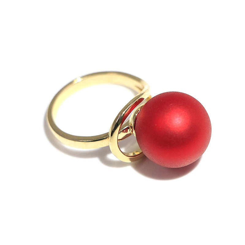 Fashion Women Brass Gold Plated Customizable Color Red Color Bead Pearl Adjustable Ring