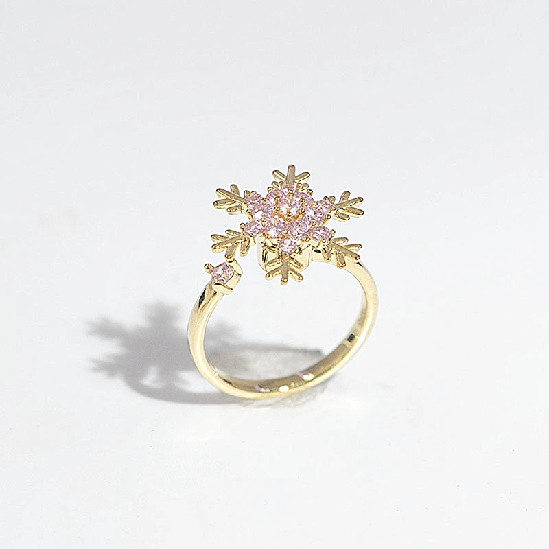 Gold Plated Pink Rhinestone Statement Snowflake Women Adjustable Anxiety Ring