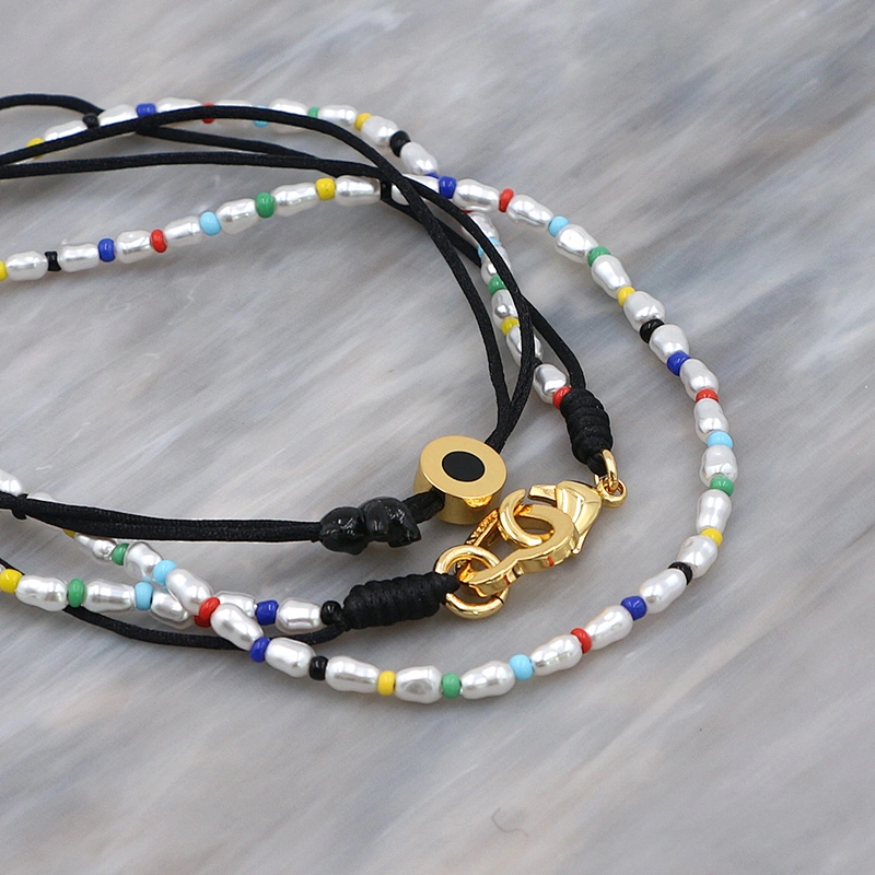 Multilayer Pearl Bead Black Cord Chain
