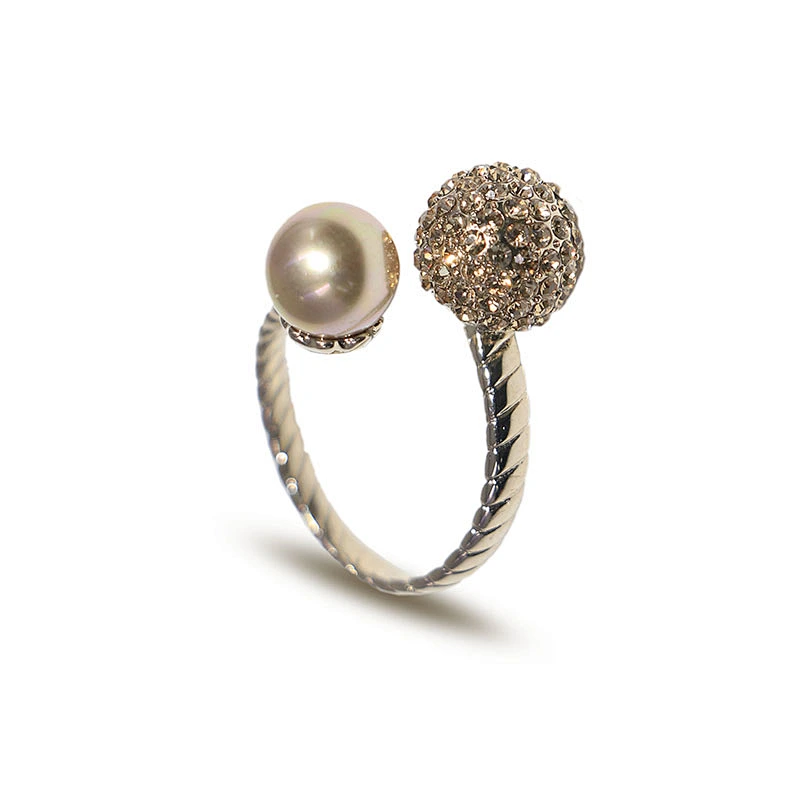 Luxury jewelry pearl crystal cluster brass gold plated open ring for women