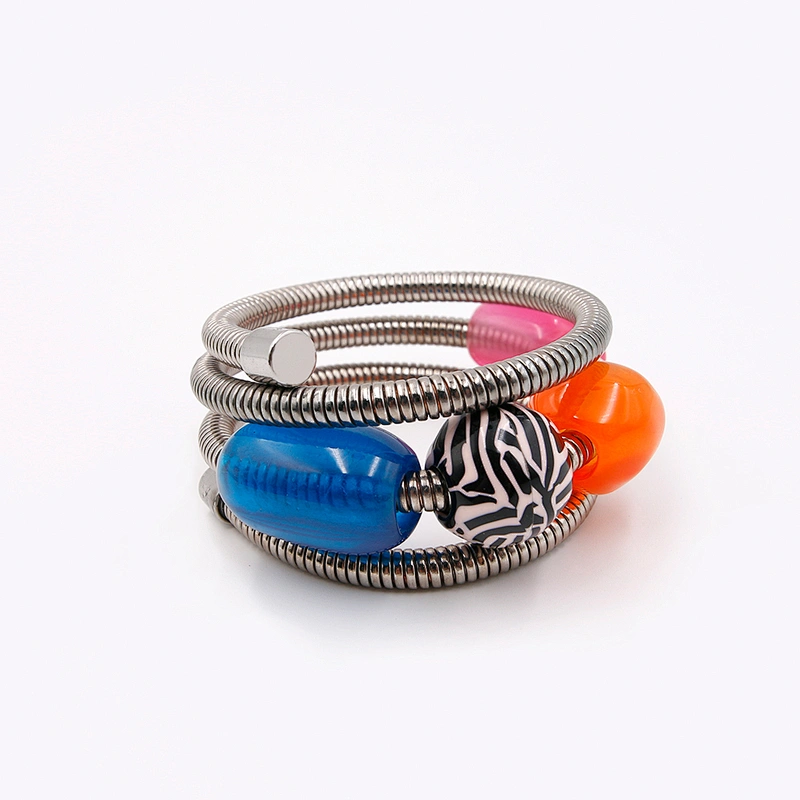 Trendy multi layer colorful resin stones silver snake spring chain bracelet