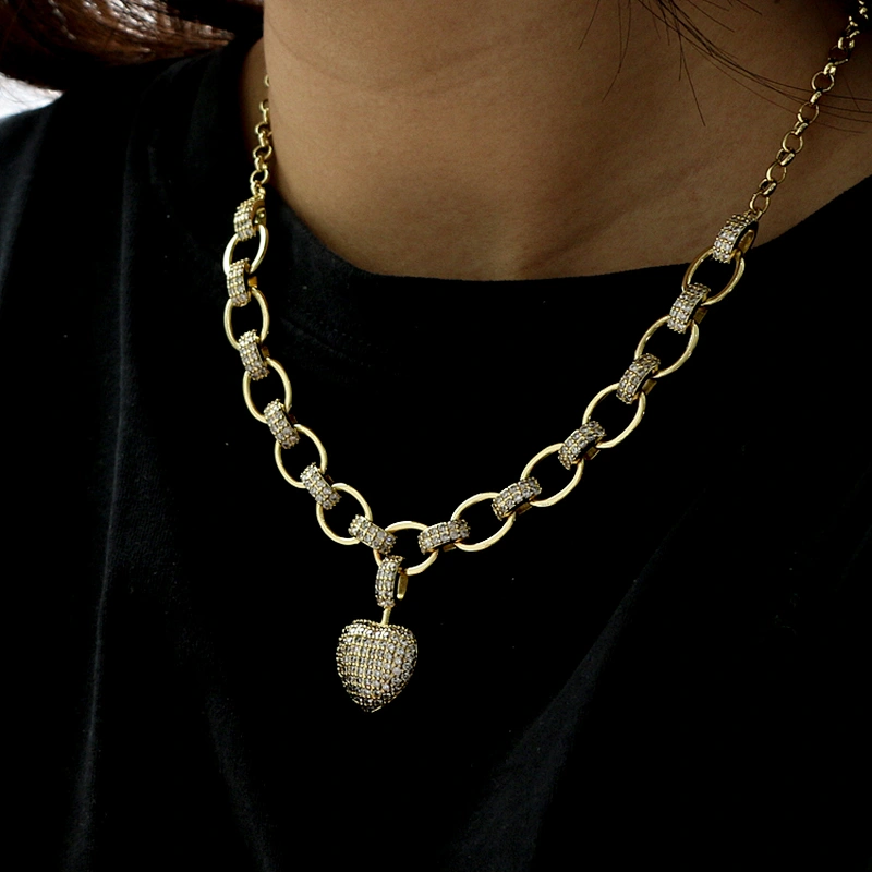 HipHop Style Gold Plated CZ Heart Brass Cuban Necklace