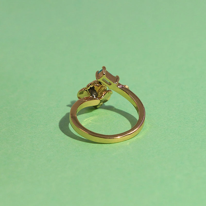 Dainty jewelry gold plated green zircon rhinestones flower enamel open adjustable ring