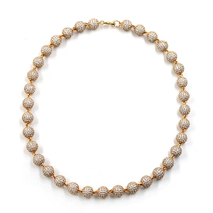 Hip-Hop Style High-Quality CZ Brass 10mm Real Gold Plated Bead Necklace