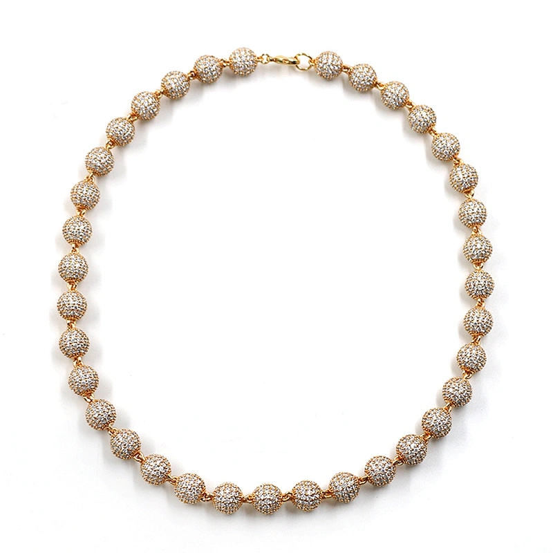 Hip-Hop Style High-Quality CZ Brass 10mm Real Gold Plated Bead Necklace