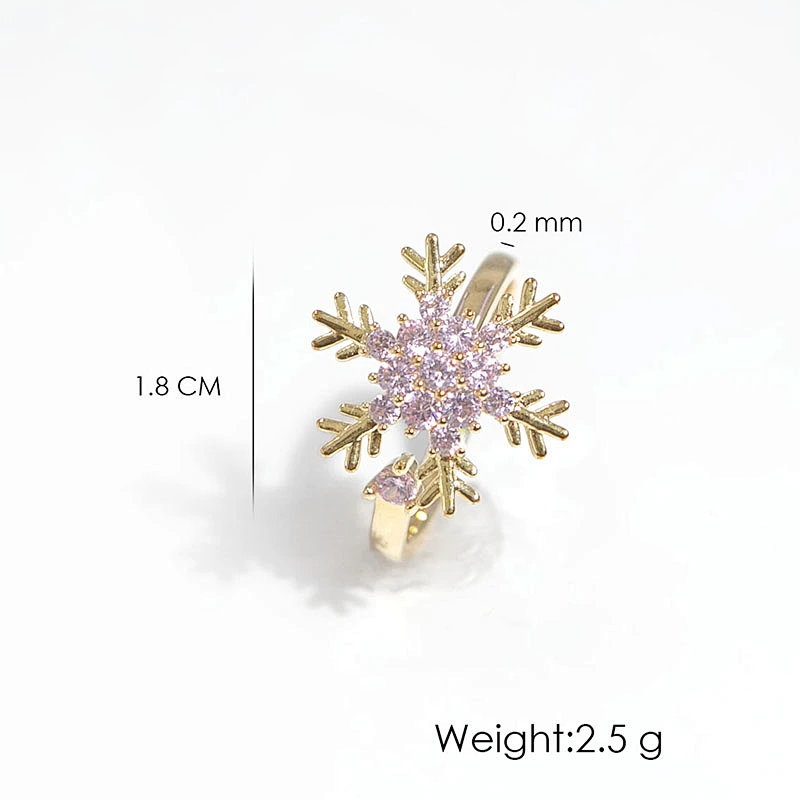 Gold Plated Pink Rhinestone Statement Snowflake Women Adjustable Anxiety Ring