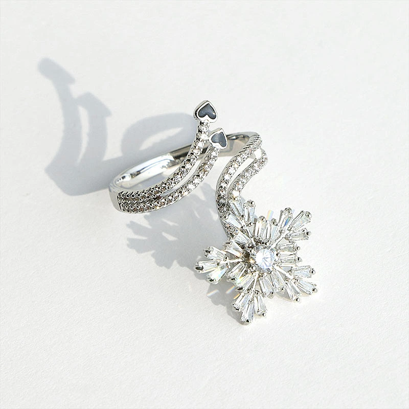 Fashion rotatable anxiety clear zircon snowflake silver plated open ring women jewelry