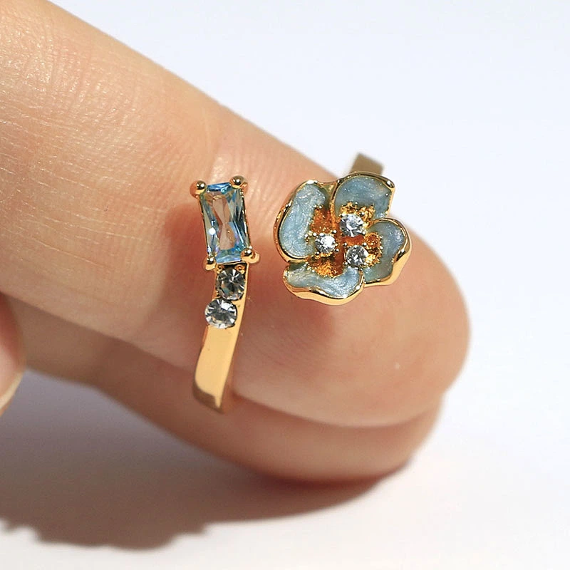 Dainty jewelry gold plated green zircon rhinestones flower enamel open adjustable ring