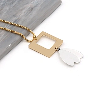 Hollow-Out Gold Plated Square White Petal Brass Necklace