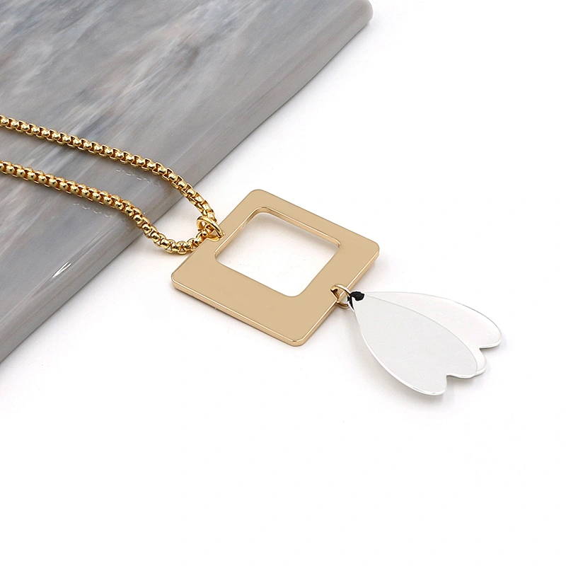 Hollow-Out Gold Plated Square White Petal Brass Necklace