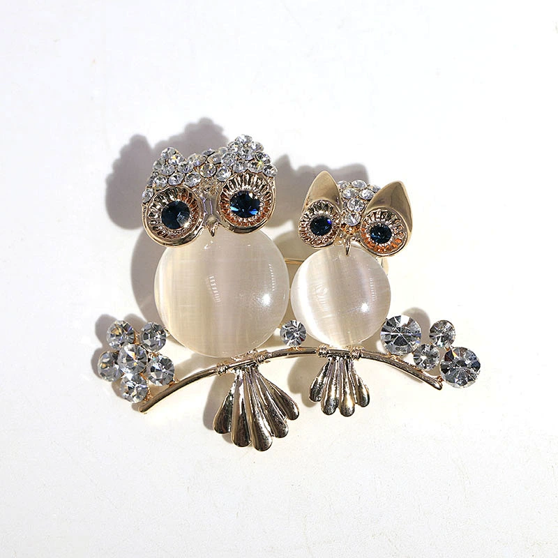 Delicate Owl Gold Plated Brass Brooch with Opal
