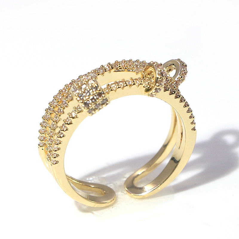 Hip hop luxury style iced out zircon diamond multi layer gold plated open ring