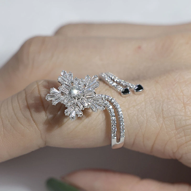 Fashion rotatable anxiety clear zircon snowflake silver plated open ring women jewelry