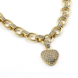 HipHop Style Gold Plated CZ Heart Brass Cuban Necklace