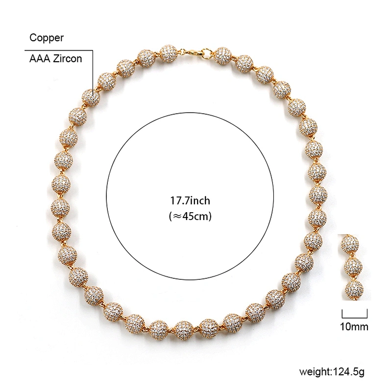 Hip-Hop Style High-Quality CZ Brass 10mm Real Gold Plated Bead Necklace