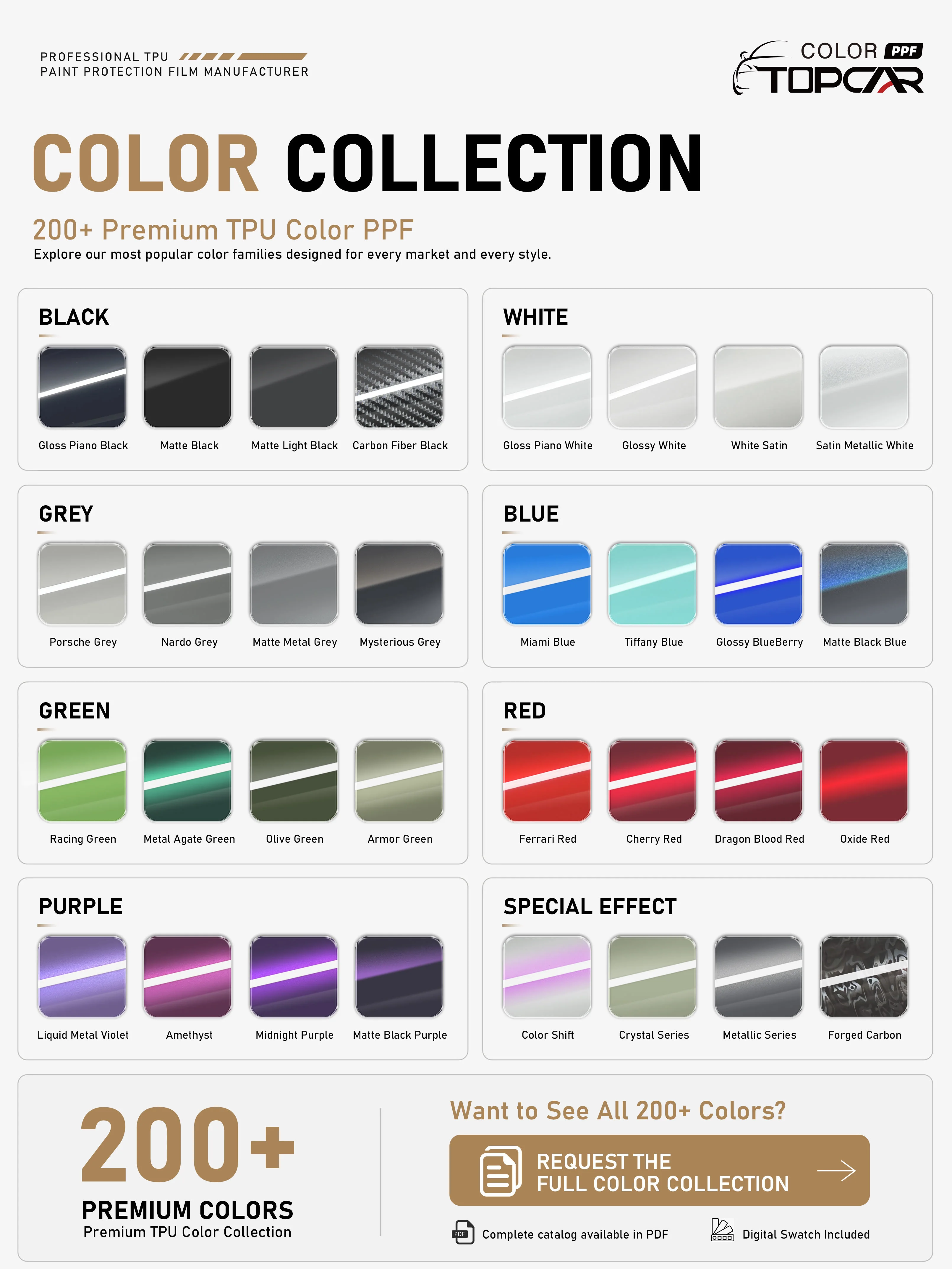The TOPCAR Color PPF Collection includes a growing selection of colors and visual effects.