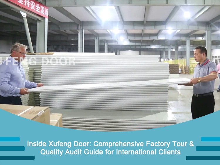 Overseas clients conducting commercial door manufacturing tour and inspecting sectional door panels