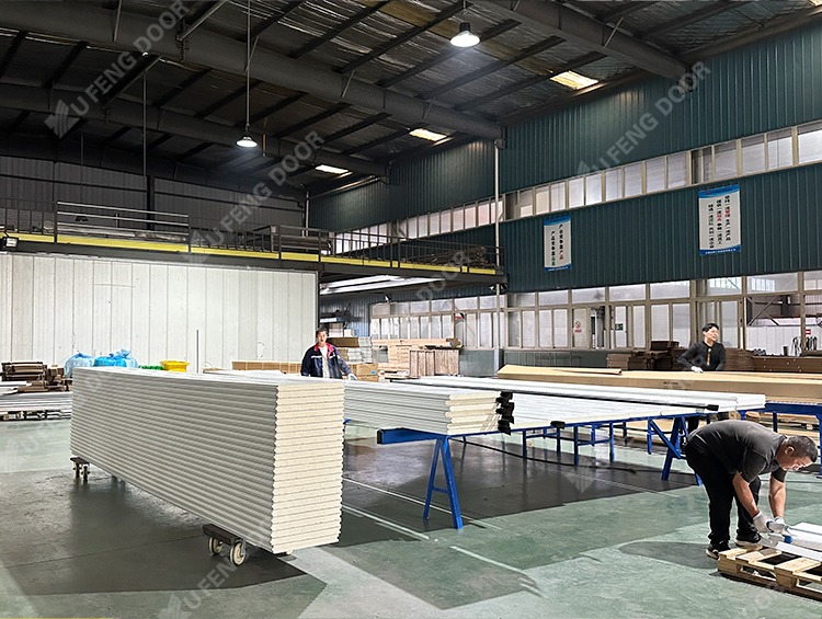 Equipo logístico ejecutando la carga de exportación de puertas de garaje en un contenedor marítimo