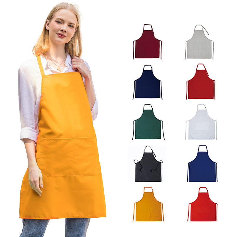 Polyester cotton adjustable ten colors stock bib kitchen apron with 3 pockets