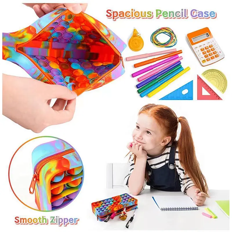 customized Autism Stress Relief Pen Storage Bag Sensory Push Bubble Pencil Box Pouch School Kids Rainbow Silicone Fidget Pencil