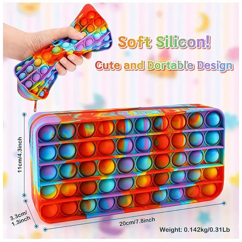 customized Autism Stress Relief Pen Storage Bag Sensory Push Bubble Pencil Box Pouch School Kids Rainbow Silicone Fidget Pencil