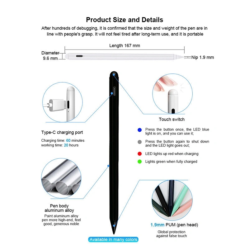 Stylus with Magnetic design, active rechargeable pen with palm rejection for 2018 and above Apple iPad