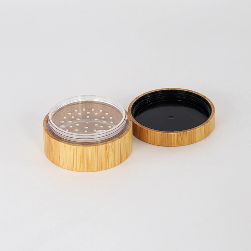 Bamboo cosmetic packaging loose powder jar container with sifter custom logo