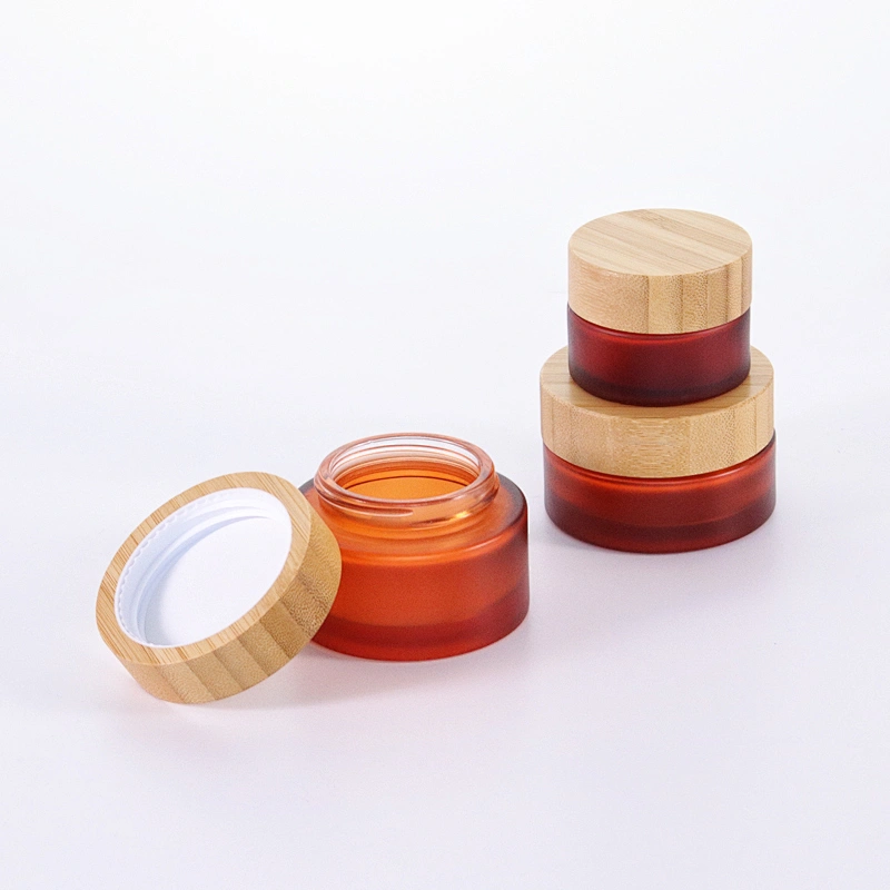 Cosmetic packaging cream container 5ml 15ml 30ml 50ml 100ml frost clear amber glass jar with real bamboo lid