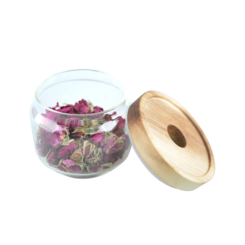 Round clear glass food jar containers with bamboo lid