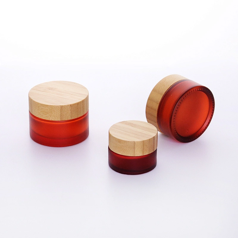 Cosmetic packaging cream container 5ml 15ml 30ml 50ml 100ml frost clear amber glass jar with real bamboo lid