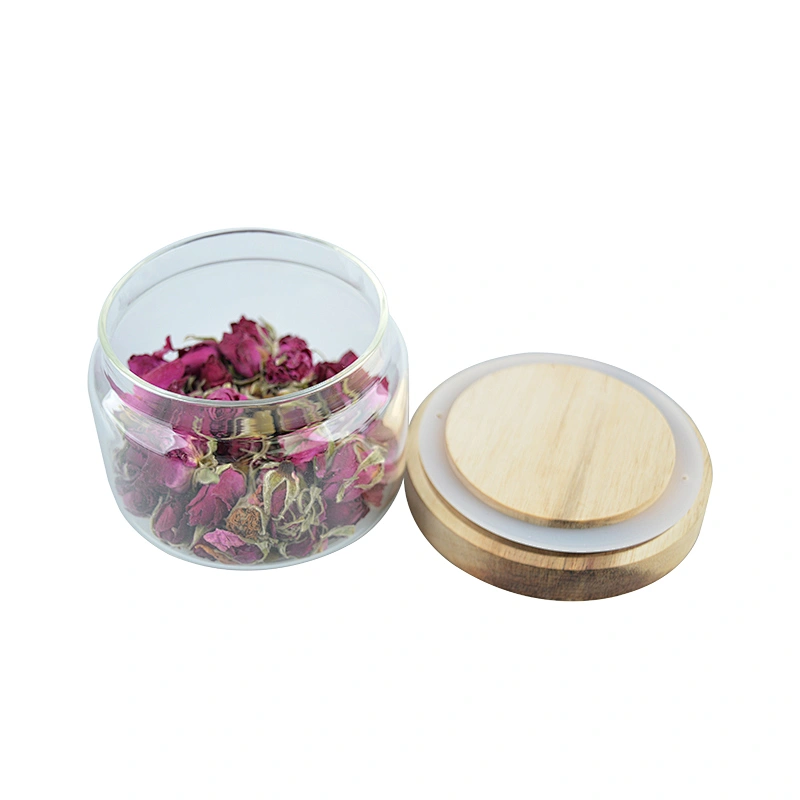 Round clear glass food jar containers with bamboo lid
