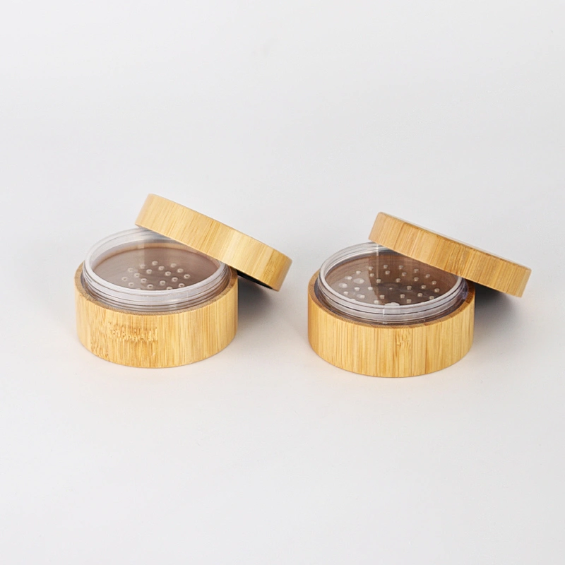 Bamboo cosmetic packaging loose powder jar container with sifter custom logo