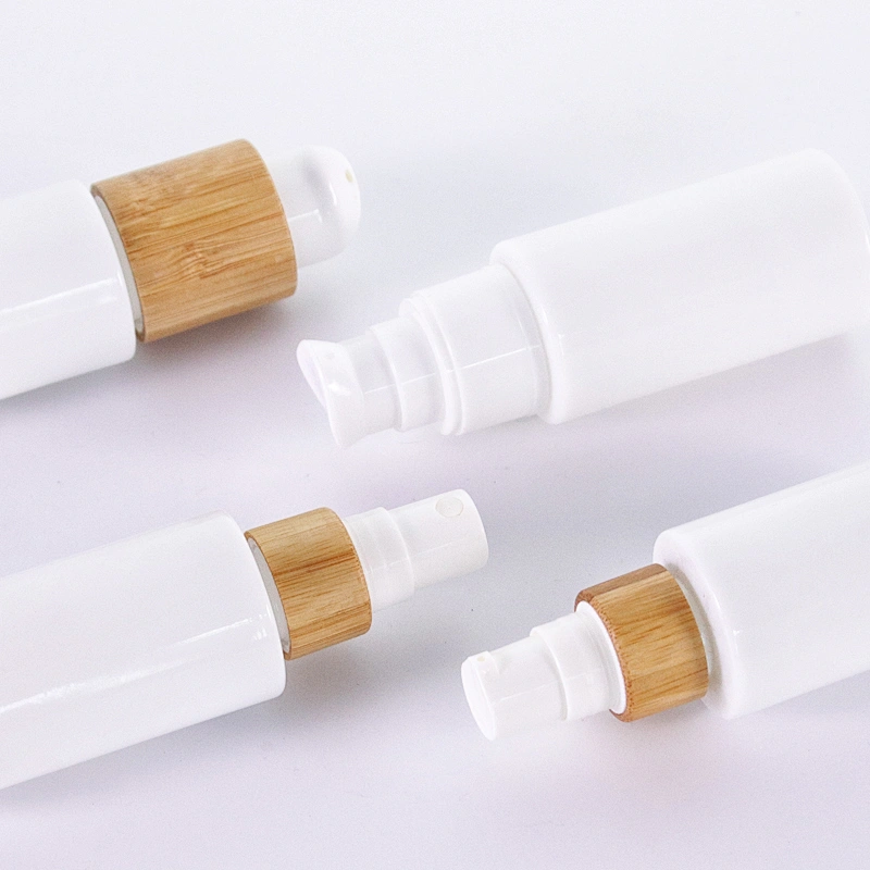 Opal White Lotion Pump Glass Bottle with Bamboo Lid